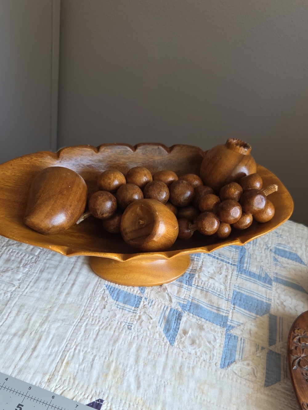 Carved Wooden Pedestal Fruit Bowl in Brown